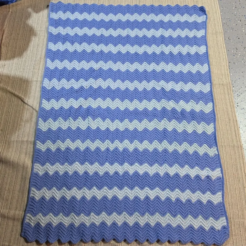 Vintage Wool Crochet Chevron Afghan Blanket 58x38” Blue Indigo Waves Retro Throw